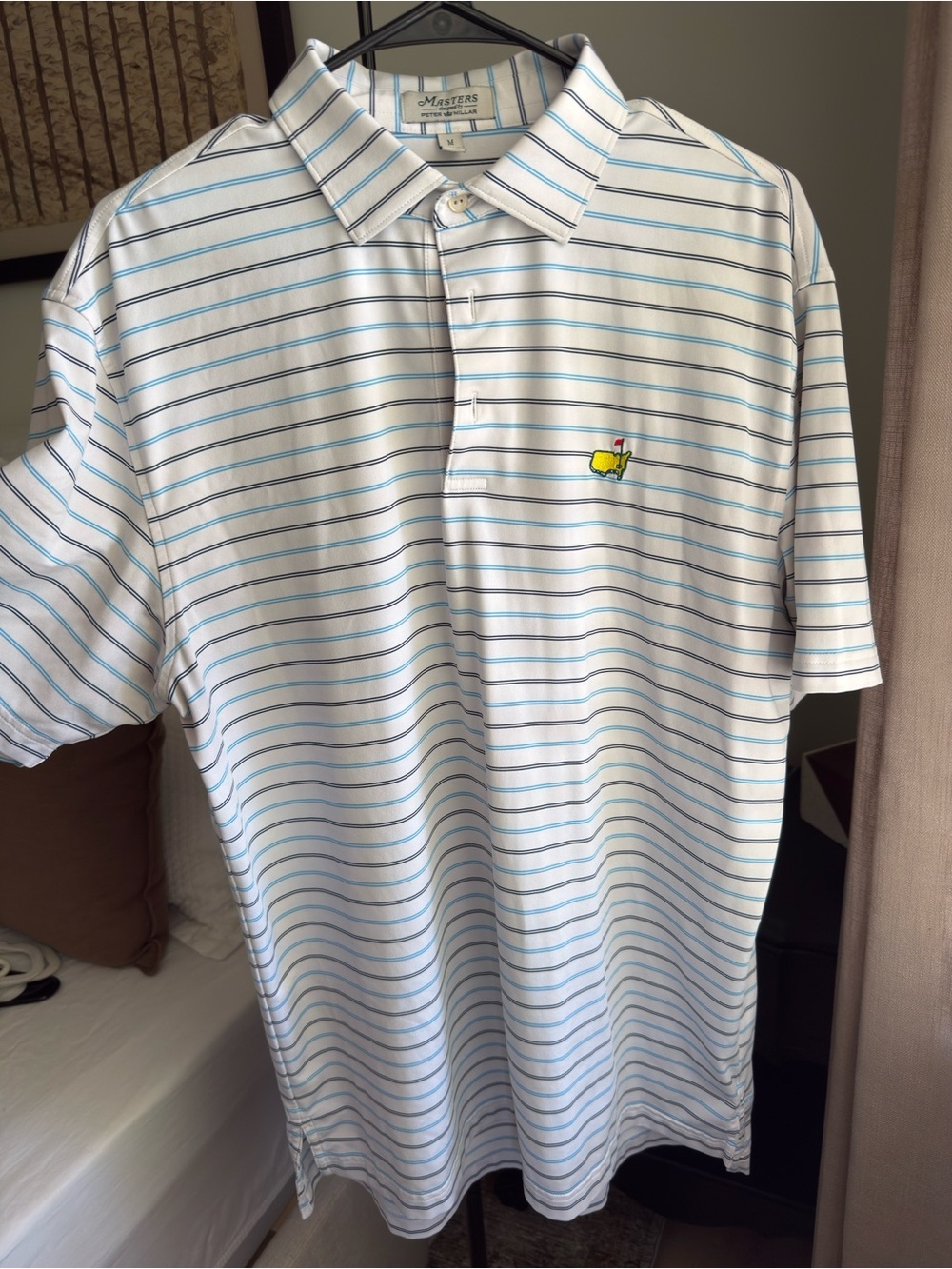Masters White Polo with Light Blue & Navy Stripes